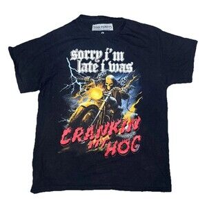 Large Teen Hearts Black Shirt "Cranking my Hog" Skull on Motorcycle